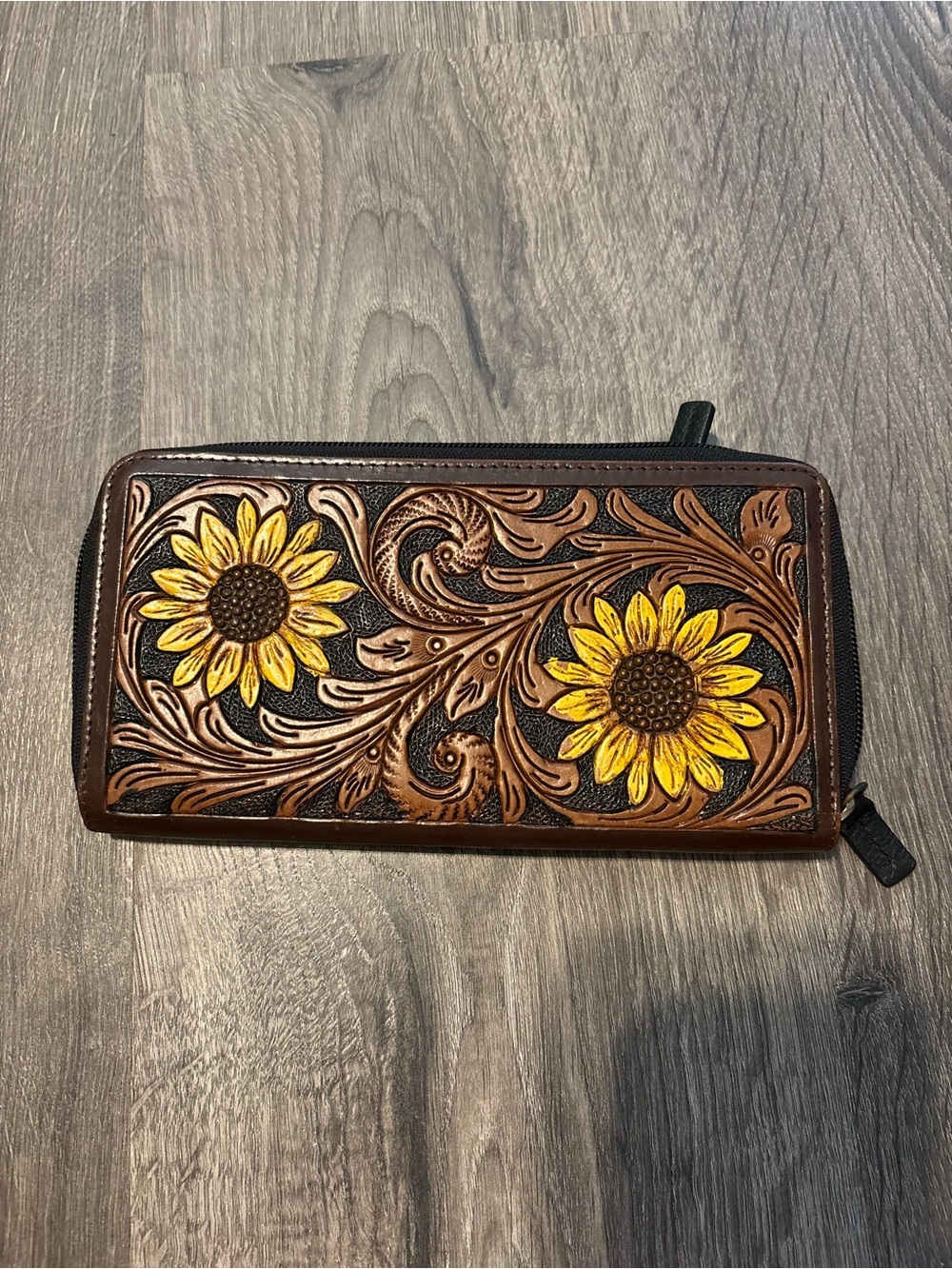 Hand-Tooled Leather Wallet with Sunflower Design - Yellow & Brown